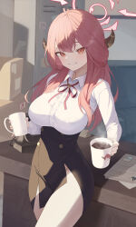 Rule 34 | 1girl, absurdres, antique phone, aru (blue archive), bare legs, black skirt, blue archive, blush, breasts, coffee, cup, demon horns, doodle sensei (blue archive), halo, high-waist skirt, highres, holding, holding cup, horns, indoors, jixo (user nzhc8728), large breasts, locker, long sleeves, looking at viewer, mug, neck ribbon, pink hair, ribbon, sensei (blue archive), shirt, skirt, smile, solo, steam, white shirt