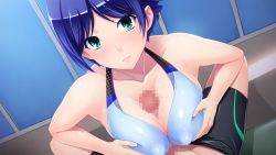 Rule 34 | 1girl, amami taito, bare shoulders, bikini, blue hair, blush, breasts squeezed together, breasts, censored, cleavage, covered erect nipples, game cg, green eyes, hitozuma swimming club, ino (magloid), interheart, large breasts, looking at viewer, mosaic censoring, paizuri, paizuri under clothes, penis, pov, shiomiya shiho, short hair, solo focus, swimsuit