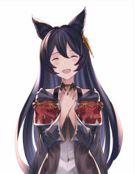Rule 34 | 1girl, :d, ^ ^, animal ears, black hair, black jacket, blush, closed eyes, commentary request, crying, dress, ear piercing, erune, facing viewer, granblue fantasy, hair between eyes, hands up, highres, jacket, long hair, long sleeves, nier (granblue fantasy), open clothes, open jacket, open mouth, own hands together, pak ce, piercing, simple background, smile, solo, tears, very long hair, white background, white dress, wide sleeves