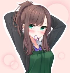 Rule 34 | 1girl, apron, arms behind head, arms up, black jacket, blush, bow, bowtie, breasts, brown hair, closed mouth, collared shirt, commentary request, green apron, green eyes, hair tie, hair tie in mouth, jacket, long hair, long sleeves, looking away, looking back, medium breasts, mouth hold, original, ponytail, purple bow, purple bowtie, shirt, sidelocks, solo, tying hair, upper body, white shirt, yoye (pastel white)