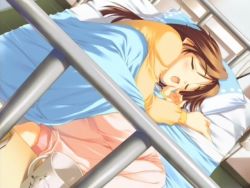 Rule 34 | 00s, 1girl, barefoot, bed, brown hair, closed eyes, game cg, komaki ikuno, lying, on side, open mouth, pajamas, sleeping, solo, to heart (series), to heart 2