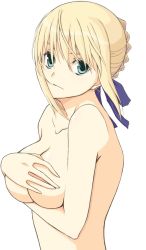 Rule 34 | 00s, 1girl, artoria pendragon (fate), blonde hair, breast hold, breasts, covering privates, covering breasts, fate/stay night, fate (series), green eyes, highres, kamimiya, saber (fate), solo, topless