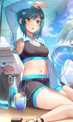 Rule 34 | 1girl, :o, aqua hair, arm up, armpits, beach, beach umbrella, between legs, blue sky, blush, bottle, breasts, cloud, condensation, cooler, day, delicious party precure, drink, fuwa kokone, green eyes, hair ornament, hairclip, hand between legs, heart, heart hair ornament, highres, innertube, long sleeves, looking at viewer, medium breasts, midriff, navel, outdoors, palm tree, pam-pam (precure), parted lips, precure, rumo, sandals, short shorts, shorts, shrug (clothing), sideboob, sitting, sky, solo, sports bra, stomach, sweat, swept bangs, swim ring, tree, two-tone bra, two-tone shorts, umbrella