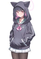Rule 34 | 1girl, absurdres, animal hood, black choker, black hair, black hoodie, blue archive, blush, brown pantyhose, cat choker, cat hood, choker, closed mouth, colored inner hair, commentary, green sailor collar, halo, hands in pockets, highres, hood, hoodie, kazusa (blue archive), long sleeves, looking at viewer, medium hair, multicolored hair, neckerchief, olecafe2, pantyhose, pink eyes, pink hair, pink halo, pink neckerchief, pleated skirt, sailor collar, simple background, skirt, smile, solo, thighs, two-tone hair, white background, white skirt