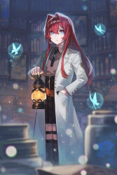 Rule 34 | 1girl, a-er (akkij0358), ange katrina, ange katrina (4th costume), blurry, blurry foreground, bookshelf, bug, butterfly, hair between eyes, hair intakes, hand in pocket, highres, holding, holding lantern, insect, lantern, long coat, long hair, multicolored eyes, nijisanji, red hair, solo, standing, virtual youtuber