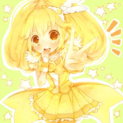 Rule 34 | 10s, 1girl, bad id, bad pixiv id, blonde hair, bow, cure peace, hair flaps, hand to own mouth, kise yayoi, long hair, magical girl, precure, ribbon, skirt, smile precure!, solo, tears, v, wide ponytail, yellow background, yellow bow, yellow eyes, yellow skirt, yellow theme, yuuya (pepper minto)