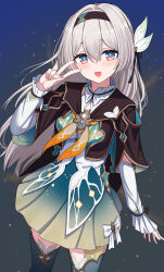 Rule 34 | 1girl, absurdres, aqua skirt, black hairband, black jacket, blush, commentary request, cropped jacket, dark background, firefly (honkai: star rail), frilled sleeves, frills, gradient eyes, grey hair, grey thighhighs, hair between eyes, hairband, hand up, highres, honkai: star rail, honkai (series), jacket, long hair, long sleeves, looking at viewer, multicolored eyes, neckerchief, open mouth, orange neckerchief, purple eyes, shirt, skirt, smile, solo, thighhighs, v, white shirt, yakob labo