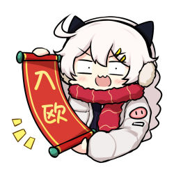 Rule 34 | 1girl, :d, ahoge, black eyes, braid, chinese new year, coat, diaoxian kuangmo, earmuffs, holding, holding scroll, honkai (series), honkai impact 3rd, kiana kaslana, long hair, looking at viewer, open mouth, red scarf, scarf, scroll, simple background, smile, solo, twin braids, white background, white coat