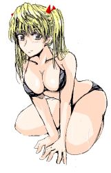 Rule 34 | 00s, 1girl, arm support, bikini, black bikini, blonde hair, bow, breasts, cleavage, collarbone, cosaten, hair bow, long hair, looking at viewer, sawachika eri, school rumble, simple background, solo, swimsuit, twintails, white background, yellow eyes