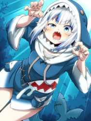 Rule 34 | 1girl, animal costume, aono3, blue eyes, blue hair, fins, fish tail, gawr gura, half-closed eye, highres, hololive, hololive english, looking at viewer, multicolored hair, open mouth, shark costume, shark tail, sharp teeth, short hair, solo, streaked hair, tail, teeth, tongue, virtual youtuber, white hair