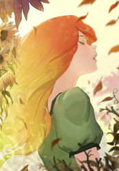 Rule 34 | 1girl, absurdres, blonde hair, closed eyes, commentary, english commentary, facing up, falling leaves, flower, from side, gradient hair, green shirt, highres, leaf, long hair, multicolored hair, open mouth, orange hair, original, puffy short sleeves, puffy sleeves, shirt, short sleeves, sishenfan, solo, teeth, upper body, upper teeth only, yellow flower