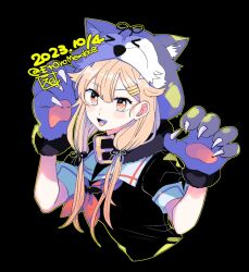 Rule 34 | 1girl, animal hands, animal hood, black background, black ribbon, blonde hair, cropped torso, dated, eto (etonomemo1008), gloves, hair between eyes, hair flaps, hair ornament, hair ribbon, hairclip, halloween costume, hood, hood up, kantai collection, long hair, looking at viewer, neckerchief, official alternate costume, open mouth, outline, paw gloves, red eyes, red neckerchief, ribbon, sailor collar, school uniform, serafuku, short sleeves, signature, solo, twitter username, upper body, white sailor collar, yellow outline, yuudachi (kancolle), yuudachi kai ni (kancolle)