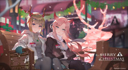 Rule 34 | 2girls, antlers, arknights, black jacket, black legwear, blue eyes, blue gloves, blurry, blurry background, blurry foreground, box, breasts, brown eyes, brown hair, brown skirt, christmas, closed mouth, commentary request, depth of field, firewatch (arknights), gift, gift box, gitano (arknights), gloves, grey legwear, grey shirt, grey skirt, highres, hood, hood down, hooded jacket, horns, id card, jacket, kuhnowushi, lamppost, long hair, looking at viewer, medium breasts, merry christmas, multiple girls, open clothes, open jacket, pantyhose, parted bangs, pink hair, pleated skirt, scarf, shirt, sitting, skirt, smile, very long hair, white jacket, white scarf, white shirt