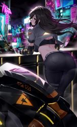 Rule 34 | 1girl, absurdres, against railing, ass, black eyes, black hair, black pants, black shirt, breasts, building, city, city lights, closed mouth, commission, crop top, cropped jacket, cyberpunk, denim, floating hair, grey jacket, highres, jacket, jeans, long hair, looking at viewer, looking back, mechanical arms, midriff, motor vehicle, motorcycle, neon lights, netural, night, night sky, original, pants, pixiv commission, railing, science fiction, sera (judgemint), shirt, sky, solo, star (sky), starry sky, velt