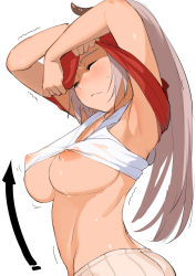 Rule 34 | 10s, 1girl, aliza (granblue fantasy), armpits, arms up, arrow (symbol), breasts, closed eyes, clothes lift, draph, female focus, granblue fantasy, horns, large breasts, level.21, long hair, nipple slip, nipples, shirt lift, silver hair, simple background, solo, sweatdrop, tank top, trembling, undressing, upper body, white background