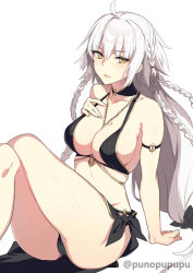 Rule 34 | 1girl, ahoge, ass, bare shoulders, bikini, black bikini, blush, braid, breasts, cleavage, collarbone, fate/grand order, fate (series), hair between eyes, hand on own chest, heroic spirit chaldea park outfit, highres, jeanne d&#039;arc (fate), jeanne d&#039;arc alter (fate), jeanne d&#039;arc alter (festival outfit) (fate), jewelry, knees up, large breasts, long hair, looking at viewer, low-tied long hair, necklace, official alternate costume, parted lips, puuzaki puuna, sarong, silver hair, simple background, sitting, smile, solo, swimsuit, thighs, very long hair, white background, yellow eyes