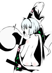 Rule 34 | 1girl, absurdres, ass, back, bare shoulders, breasts, butt crack, dimples of venus, from behind, green eyes, hairband, highres, hitodama, japanese clothes, katana, kimono, konpaku youmu, konpaku youmu (ghost), looking at viewer, looking back, naked kimono, nitline, open clothes, open kimono, parted lips, profile, ribbon, sheath, short hair, sideboob, silver hair, simple background, solo, standing, sword, tassel, touhou, unsheathing, weapon, white background