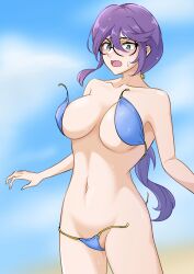 Rule 34 | 1girl, absurdres, aqua eyes, bare arms, bare shoulders, beach, bell, bikini, black-framed eyewear, blue bikini, blue sky, blurry, blurry background, blush, breasts, cloud, collarbone, commentary request, cowboy shot, day, glasses, groin, hair bell, hair between eyes, hair ornament, highres, hoshimi junna, jingle bell, large breasts, long hair, looking away, looking down, low ponytail, navel, nittora, nose blush, ocean, open mouth, outdoors, ponytail, purple hair, raised eyebrows, shoujo kageki revue starlight, sky, solo, standing, stomach, strapless, strapless bikini, string bikini, swimsuit, very long hair, wardrobe malfunction, water drop, wet, wet hair