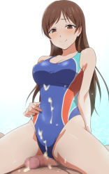 Rule 34 | 1boy, 1girl, blush, brown eyes, brown hair, censored, clothed female nude male, competition swimsuit, cowgirl position, cum, cum on clothes, frottage, girl on top, hetero, idolmaster, idolmaster cinderella girls, male pubic hair, mosaic censoring, mushiro (nijie728995), nitta minami, nude, one-piece swimsuit, penis, pubic hair, smile, straddling, swimsuit, water