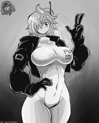 Rule 34 | 1girl, absurdres, antennae, artist request, black gloves, black jacket, bodysuit, breasts, covered navel, eyelashes, gloves, hair over one eye, hand on own hip, hand on own hip, highres, huge breasts, jacket, large breasts, closed mouth, navel, one piece, open clothes, open jacket, shiny clothes, short hair, simple background, smile, solo, thick thighs, thighs, twitter username, v, vegapunk lilith, wide hips