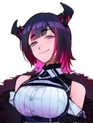 Rule 34 | 1girl, aradia ravencroft, bare shoulders, black hair, black jacket, breasts, demon horns, detached sleeves, fur-trimmed jacket, fur trim, highres, hololive, hololive english, horns, jacket, kureo, large breasts, looking at viewer, medium hair, mole, mole under mouth, multicolored hair, pink eyes, pink hair, simple background, smile, solo, streaked hair, virtual youtuber, white background