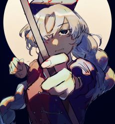 Rule 34 | 1girl, arms up, black background, blue dress, blue eyes, blue hat, bow (weapon), braid, closed mouth, commentary request, cross, dress, fingernails, full moon, grey hair, hands up, hat, highres, long fingernails, long hair, looking at viewer, moon, multicolored clothes, multicolored dress, mushiao, parted bangs, puffy short sleeves, puffy sleeves, red dress, short sleeves, simple background, solo, touhou, upper body, weapon, yagokoro eirin