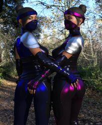 Rule 34 | 2girls, 3d, absurdres, armor, ass, ass focus, ass grab, belt, black bodysuit, blue bodysuit, bodysuit, boots, breasts, chain, cleavage, cowboy shot, forest, from behind, gloves, grabbing, green eyes, hair bun, headband, highres, huge ass, kitana, leather, leather bodysuit, leather boots, leather suit, looking at another, looking at viewer, looking back, mask, metallic bodysuit, metallic clothes, mileena (mortal kombat), mortal kombat (series), multiple girls, nail polish, nature, open bodysuit, open clothes, outdoors, photo background, pink bodysuit, shiny clothes, siblings, single hair bun, sisters, skin tight, standing, tree