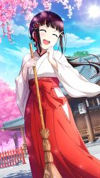 Rule 34 | 1girl, alternate hairstyle, aqua eyes, artist name, artist request, bamboo broom, black hair, blue sky, blush, bow, breasts, broom, cat, closed eyes, cloud, day, female focus, flower, green eyes, hair flower, hair ornament, hairclip, hakama, hakama skirt, highres, holding, holding broom, japanese clothes, kanzashi, kimono, kurosawa dia, long hair, long sleeves, looking at viewer, love live!, love live! school idol festival, love live! sunshine!!, miko, mole, mole under mouth, outdoors, parted lips, ponytail, red bow, red hakama, skirt, sky, small breasts, solo, sun, tassel, wide sleeves