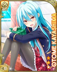 Rule 34 | 1girl, bento box, blue hair, card, character name, day, girlfriend (kari), kayashima otome, long hair, mole, mole under eye, necktie, official art, outdoors, pantyhose, plaid, plaid skirt, pleated skirt, qp:flapper, red eyes, school uniform, shirt, shoes, sitting, skirt, solo, tired, white shirt, wrapping