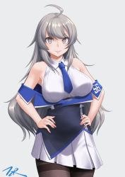 Rule 34 | 1girl, ahoge, bare shoulders, blue necktie, brown pantyhose, cowboy shot, grey eyes, hands on own hips, highres, kantai collection, long hair, military, military uniform, necktie, off shoulder, pantyhose, pleated skirt, shirt, silver hair, simple background, skirt, sleeveless, sleeveless shirt, solo, t2r, thighband pantyhose, uniform, washington (kancolle), white background, white shirt, white skirt