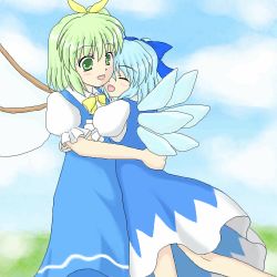 Rule 34 | 2girls, ^ ^, blue bow, blue hair, bow, bowtie, cirno, closed eyes, cloud, daiyousei, day, embodiment of scarlet devil, fairy wings, female focus, grass, green eyes, green hair, hair bow, hair ribbon, hug, lowres, multiple girls, open mouth, puffy short sleeves, puffy sleeves, ribbon, shirt, short hair, short sleeves, sky, touhou, white shirt, wings, yellow bow, yellow bowtie, yellow ribbon