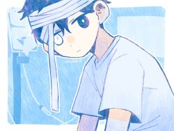 Rule 34 | 1boy, 6f6d6f7269, bandaged head, bandages, black eyes, black hair, closed mouth, expressionless, highres, hospital gown, intravenous drip, looking at viewer, omori, shirt, solo, spoilers, sunny (omori), white shirt