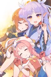 3girls animal_hood braid breasts closed_eyes coba_(coba_xp) hairband highres hood kyoka_(princess_connect!) lap_pillow long_hair looking_at_viewer mimi_(princess_connect!) misogi_(princess_connect!) multiple_girls orange_hair pink_hair pointy_ears princess_connect! purple_hair rabbit_hood sitting sleeping small_breasts smile twin_braids twintails yellow_eyes