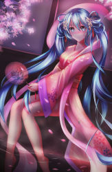 Rule 34 | 1girl, absurdres, bad id, bad pixiv id, barefoot, blue eyes, blue hair, cherry blossoms, collarbone, eyebrows, flower, hair between eyes, hair flower, hair ornament, hand fan, hatsune miku, highres, holding, holding fan, japanese clothes, kimono, long hair, looking at viewer, matching hair/eyes, outdoors, paper fan, pink kimono, sitting, solo, twintails, uchiwa, very long hair, vocaloid, yukata, zqzqy