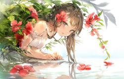 Rule 34 | 1girl, anmi, bare shoulders, blush, breasts, brown hair, collarbone, commentary request, covered erect nipples, dress, flower, flower on water, hair between eyes, hair flower, hair ornament, hibiscus, leaf, leaning forward, long hair, looking at viewer, medium breasts, one side up, open mouth, original, own hands together, plant, purple eyes, reflection, sidelocks, sleeveless, sleeveless dress, solo, water, water drop, white dress