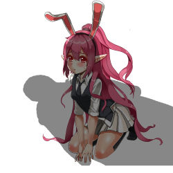 Rule 34 | 00s, 1girl, animal ears, blush, rabbit ears, dungeon and fighter, fake animal ears, lhu (barappra1), long hair, necktie, pink eyes, pink hair, pleated skirt, pointy ears, ponytail, seiza, shadow, sitting, skirt, solo, sweatdrop, v arms, very long hair, vest, worried, you gonna get raped