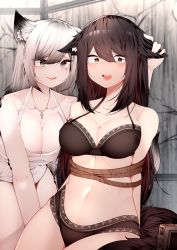 Rule 34 | 2girls, @ @, absurdres, animal ear fluff, animal ears, arknights, arms behind back, bare arms, bare shoulders, bdsm, black bra, black hair, black panties, blush, bondage, bound, bound arms, bra, breasts, camera, camisole, cleavage, collarbone, colored inner hair, cross, cross necklace, ear piercing, ears down, embarrassed, grabbing another&#039;s ear, gradient hair, grey eyes, hair between eyes, hand on another&#039;s ear, highres, jewelry, lace, lace-trimmed bra, lace-trimmed panties, lace trim, lappland (arknights), large breasts, leaning forward, long hair, looking at viewer, looking back, material growth, multicolored hair, multiple girls, navel, necklace, open mouth, oripathy lesion (arknights), panties, parted lips, piercing, red hair, rope, samip, scar, scar across eye, scar on face, silver hair, sitting, smile, stomach, tail, teeth, texas (arknights), two-tone hair, underwear, underwear only, upper teeth only, very long hair, wolf ears, wolf girl, wolf tail, yellow eyes, yuri