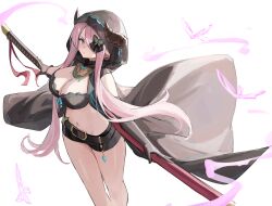 Rule 34 | 1girl, absurdres, belt, black belt, black bra, black gloves, black horns, black shorts, blue eyes, bra, breasts, bug, butterfly, butterfly hair ornament, cleavage, commentary, draph, feet out of frame, gloves, granblue fantasy, grey cloak, hair ornament, hair over one eye, highres, hood, horns, insect, katana, large breasts, long hair, narmaya (granblue fantasy), narmaya (the black butterfly) (granblue fantasy), navel, official alternate costume, pink hair, pointy ears, shiro wa (shiroshironix), short shorts, shorts, sidelocks, simple background, solo, stomach, sword, thighs, underwear, weapon, weapon on back, white background