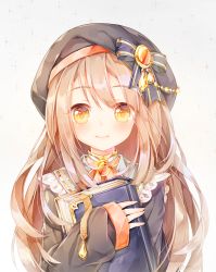 Rule 34 | book, bow, brown eyes, brown hair, hat, holding, holding book, long hair, looking at viewer, original, sailor collar, sleeves past wrists, smile, solo, tonowa, yellow eyes