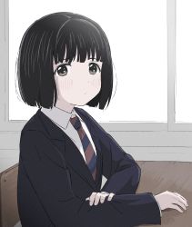 Rule 34 | 1girl, arm rest, black hair, blue jacket, blue stripes, blunt bangs, blunt ends, blush, bob cut, chair, classroom, collared jacket, collared shirt, commentary, desk, expressionless, from side, grabbing own arm, grey eyes, highres, indoors, jacket, koguma (super cub), long sleeves, looking at viewer, looking to the side, necktie, red stripes, school chair, school desk, school uniform, shirt, short hair, sincos, sitting, solo, striped necktie, striped neckwear, super cub, upper body, white shirt, window, wing collar