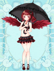 Rule 34 | 1girl, bare arms, bare shoulders, bikini, bikini skirt, black bikini, black umbrella, breasts, character request, collarbone, feathered wings, frilled umbrella, frills, full body, hair ornament, holding, holding umbrella, kerberos blade, layered bikini, looking at viewer, mirai (happy-floral), navel, official art, parted lips, red eyes, red footwear, red hair, red wings, shoes, side ponytail, small breasts, solo, standing, swimsuit, umbrella, wings