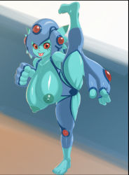 Rule 34 | 1girl, alternate breast size, anythinggoes, ass, bare legs, barefoot, breasts, breasts out, clothing cutout, colored skin, digimon, digimon frontier, facial mark, female focus, fingerless gloves, fish girl, flexible, full body, gauntlets, gloves, green skin, helmet, highres, large breasts, leg lift, leg up, looking at viewer, monster girl, multicolored background, navel, navel cutout, nipples, no humans, one-piece swimsuit, pussy, ranamon, red eyes, shiny skin, smile, solo, standing, standing on one leg, swimsuit, thighs, toes, tongue, tongue out