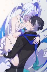 Rule 34 | 1boy, 1girl, bare shoulders, bikini, black hair, black jacket, black pants, blue hair, breasts, brynhildr (fate), brynhildr (swimsuit berserker) (fate), brynhildr (swimsuit berserker) (first ascension) (fate), carrying, choker, cleavage, closed eyes, closed mouth, collarbone, commentary, dore (gilles dore), english commentary, facing another, fate/grand order, fate (series), glasses, grey background, groin, hand on another&#039;s shoulder, high ponytail, highres, jacket, long hair, looking at another, medium breasts, multi-strapped bikini, multicolored hair, pants, parted lips, petals, see-through, side ponytail, sigurd (fate), sigurd (memories with my lover) (fate), sleeveless, smile, streaked hair, swimsuit, two-tone hair, very long hair, white bikini, white hair, wrist cuffs