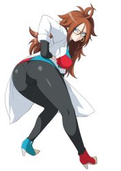 Rule 34 | 1girl, android 21, arm warmers, ass, big hair, black-framed eyewear, black pantyhose, blue eyes, breasts, brown hair, checkered clothes, checkered dress, closed mouth, coat, curly hair, curvy, dragon ball, dragon ball fighterz, dress, earrings, from behind, glasses, haruhisky, high heels, highres, hip focus, hoop earrings, jewelry, lab coat, large breasts, long hair, looking at viewer, looking back, multicolored clothes, multicolored dress, pantyhose, pantylines, shiny skin, sideboob, simple background, solo, standing, thick thighs, thighs, white background, white coat, wide hips