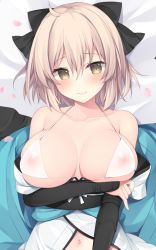Rule 34 | 1girl, ahoge, alternate breast size, arm guards, bare shoulders, bikini, black bow, blonde hair, blush, bow, breast hold, breasts, collarbone, commentary request, fate/grand order, fate (series), japanese clothes, kimono, koha-ace, large breasts, looking at viewer, miko (royal milk), navel, obi, off shoulder, okita souji (fate), okita souji (koha-ace), revealing clothes, sash, see-through, short hair, short kimono, simple background, sleeveless, sleeveless kimono, smile, solo, swimsuit, underboob, white background, white bikini, white kimono