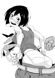 Rule 34 | 1girl, aoi hana (oumagadoki doubutsuen), ass, assisted exposure, bare shoulders, belt, black hair, box, carrot, clothes pull, dropping, embarrassed, gloves, greyscale, looking back, monochrome, oumagadoki doubutsuen, panties, pants, pants pull, pantsing, pulled by self, short hair, solo focus, surprised, taichi (tomo), tank top, tears, underwear