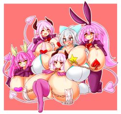 Rule 34 | 5girls, animal ears, ayazumi flutter, blue eyes, blush, breasts, breasts out, chain, demon girl, demon tail, earrings, everyone, closed eyes, fake animal ears, female focus, full body, gigantic breasts, hair ornament, hair ribbon, horns, jewelry, licking lips, long hair, multiple girls, nipple piercing, open mouth, orange eyes, original, pasties, piercing, pink hair, pointy ears, purple legwear, rabbit ears, red eyes, ribbon, silver hair, simple background, sitting, smile, tail, thighhighs, tongue, tongue out, yellow eyes