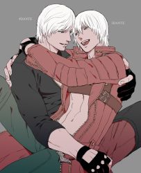 Rule 34 | 2boys, abs, blue eyes, chaps, character name, dante (devil may cry), devil may cry, devil may cry (series), devil may cry 3, devil may cry 4, dual persona, eye contact, facial hair, fingerless gloves, gloves, grey background, hug, jacket, kinokooooo, leg up, long coat, long sleeves, looking at another, male focus, multiple boys, muscular, navel, aged up, open mouth, red jacket, short hair, sitting, smile, spread legs, stubble, topless male, white hair, yaoi, zipper
