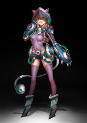 Rule 34 | 1girl, :d, absurdres, animal ears, animal hood, blonde hair, bodysuit, boots, cat ears, cat girl, cat hood, cat tail, claws, covered navel, cyborg, fang, full body, green eyes, grin, hand up, highres, hood, hoodie, hose, jan.v, legs apart, long hair, mecha musume, open mouth, original, pink bodysuit, pink lips, pink thighhighs, shadow, shoulder pads, skin tight, slit pupils, smile, solo, standing, strap, tail, teeth, thighhighs