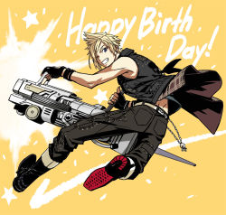 Rule 34 | 10s, 1boy, action, blonde hair, blue eyes, boots, chain, decoponmagi, denim, final fantasy, final fantasy xv, fingerless gloves, full body, gloves, grin, gun, happy birthday, holding, holding gun, holding weapon, jeans, male focus, one eye closed, pants, prompto argentum, smile, solo, star (symbol), starry background, vest, weapon, yellow background